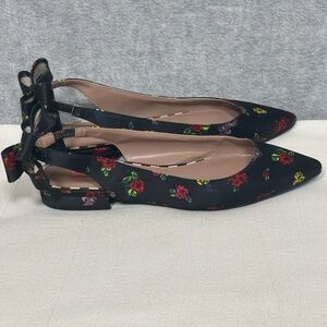 Betsey Johnson Clayr Floral Rose Satin Slingback Flats-Black-Women Size 6